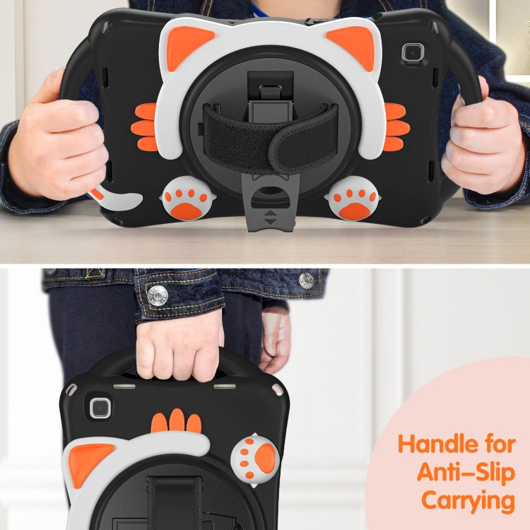 For Samsung Galaxy Tab A7 10.4 2020 SM-T500 Cute Cat King Kids Shockproof Silicone Tablet Case with Holder & Shoulder Strap & Handle(Black Orange) - Other Galaxy Tab PC by buy2fix | Online Shopping UK | buy2fix