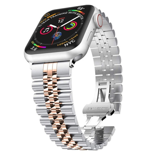 Man Five Beads Stainless Steel Watch Band, Width: 22mm For Apple Watch Ultra 49mm&Watch Ultra 2 49mm / Series 9&8&7 45mm / SE 3&SE 2&6&SE&5&4 44mm / 3&2&1 42mm(Silver + Rose Gold) by buy2fix