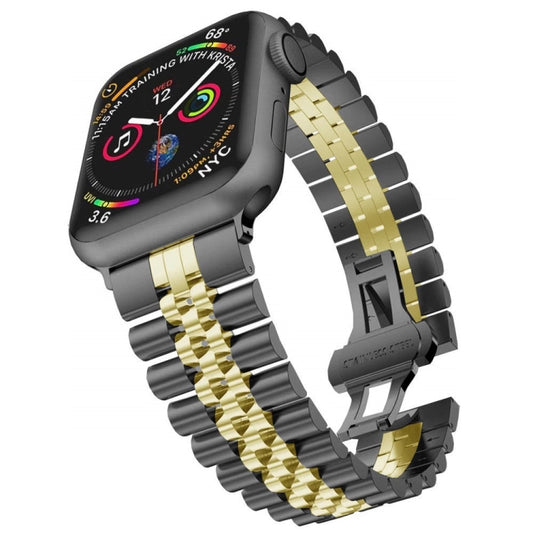 Man Five Beads Stainless Steel Watch Band, Width: 22mm For Apple Watch Ultra 49mm&Watch Ultra 2 49mm / Series 9&8&7 45mm / SE 3&SE 2&6&SE&5&4 44mm / 3&2&1 42mm(Black + Gold) by buy2fix
