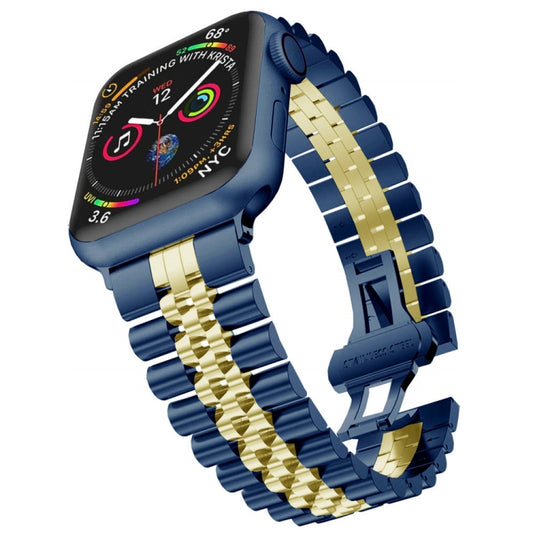 Man Five Beads Stainless Steel Watch Band, Width: 22mm For Apple Watch Ultra 49mm&Watch Ultra 2 49mm / Series 9&8&7 45mm / SE 3&SE 2&6&SE&5&4 44mm / 3&2&1 42mm(Blue + Gold) by buy2fix