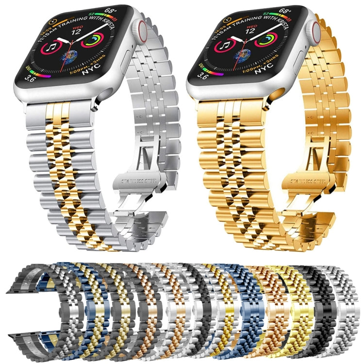 Man Five Beads Stainless Steel Watch Band, Width: 22mm For Apple Watch Ultra 49mm&Watch Ultra 2 49mm / Series 9&8&7 45mm / SE 3&SE 2&6&SE&5&4 44mm / 3&2&1 42mm(Blue + Gold) - Watch Bands by buy2fix | Online Shopping UK | buy2fix