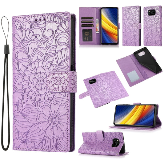 For Xiaomi POCO X3 NFC / X3 Pro / X3 Skin Feel Embossed Sunflower Horizontal Flip Leather Case with Holder & Card Slots & Wallet & Lanyard(Purple) - Xiaomi Cases by buy2fix | Online Shopping UK | buy2fix