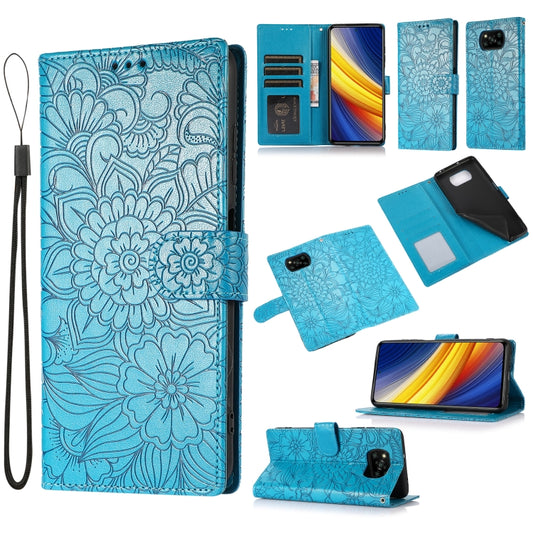 For Xiaomi POCO X3 NFC / X3 Pro / X3 Skin Feel Embossed Sunflower Horizontal Flip Leather Case with Holder & Card Slots & Wallet & Lanyard(Blue) - Xiaomi Cases by buy2fix | Online Shopping UK | buy2fix
