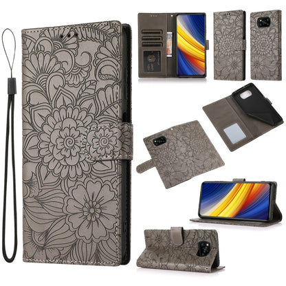 For Xiaomi POCO X3 NFC / X3 Pro / X3 Skin Feel Embossed Sunflower Horizontal Flip Leather Case with Holder & Card Slots & Wallet & Lanyard(Grey) - Xiaomi Cases by buy2fix | Online Shopping UK | buy2fix