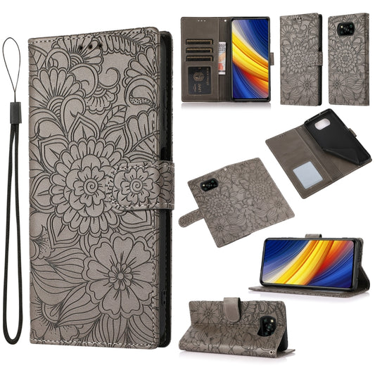For Xiaomi POCO X3 NFC / X3 Pro / X3 Skin Feel Embossed Sunflower Horizontal Flip Leather Case with Holder & Card Slots & Wallet & Lanyard(Grey) - Xiaomi Cases by buy2fix | Online Shopping UK | buy2fix