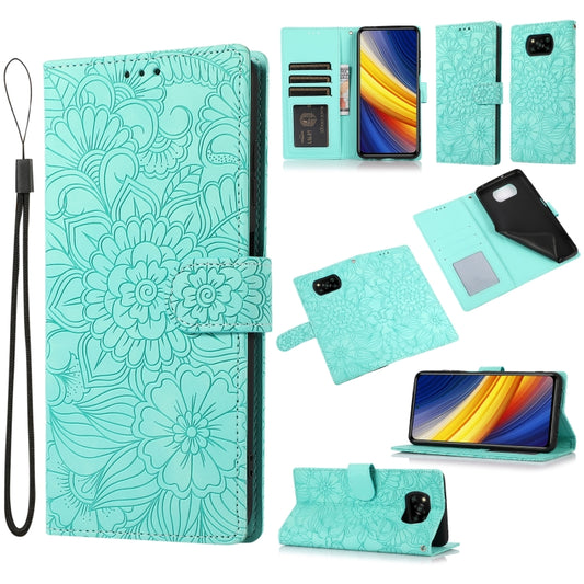 For Xiaomi POCO X3 NFC / X3 Pro / X3 Skin Feel Embossed Sunflower Horizontal Flip Leather Case with Holder & Card Slots & Wallet & Lanyard(Green) - Xiaomi Cases by buy2fix | Online Shopping UK | buy2fix