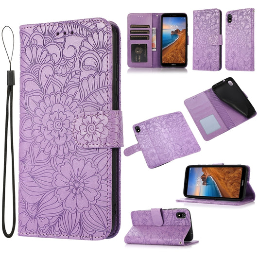 For Xiaomi Redmi 7A Skin Feel Embossed Sunflower Horizontal Flip Leather Case with Holder & Card Slots & Wallet & Lanyard(Purple) - Xiaomi Cases by buy2fix | Online Shopping UK | buy2fix