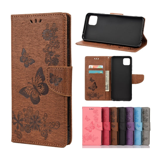 For Samsung Galaxy A22 5G Vintage Embossed Floral Butterfly Pattern Horizontal Flip Leather Case with Card Slot & Holder & Wallet & Lanyard(Brown) by buy2fix