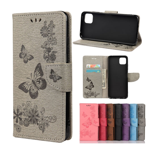 For Samsung Galaxy A22 5G Vintage Embossed Floral Butterfly Pattern Horizontal Flip Leather Case with Card Slot & Holder & Wallet & Lanyard(Grey) by buy2fix