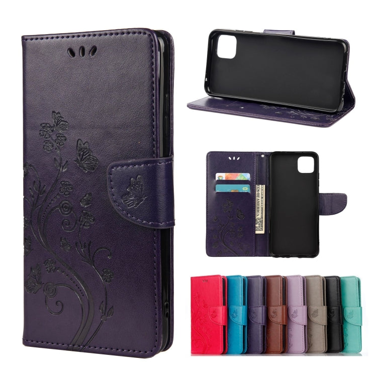 For Samsung Galaxy A22 5G Butterfly Flower Pattern Horizontal Flip Leather Case with Holder & Card Slots & Wallet(Deep Purple) by buy2fix