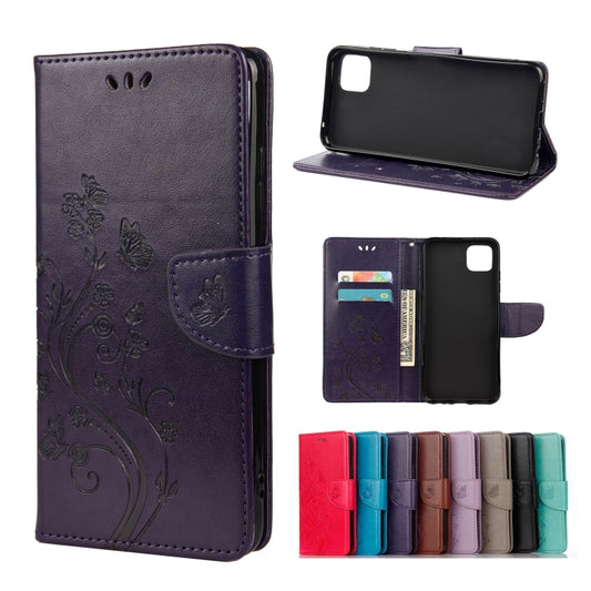 For Samsung Galaxy A22 5G Butterfly Flower Pattern Horizontal Flip Leather Case with Holder & Card Slots & Wallet(Deep Purple) by buy2fix