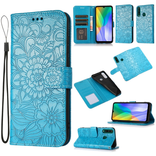 For Huawei Y6p Skin Feel Embossed Sunflower Horizontal Flip Leather Case with Holder & Card Slots & Wallet & Lanyard(Blue) - Huawei Cases by buy2fix | Online Shopping UK | buy2fix