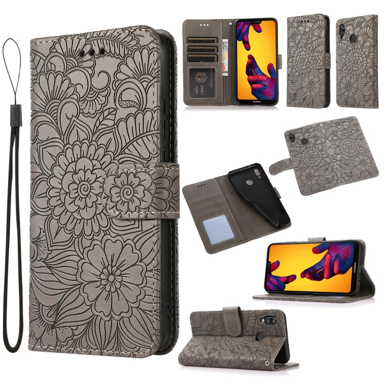 For Huawei P20 lite Skin Feel Embossed Sunflower Horizontal Flip Leather Case with Holder & Card Slots & Wallet & Lanyard(Grey) - Huawei Cases by buy2fix | Online Shopping UK | buy2fix