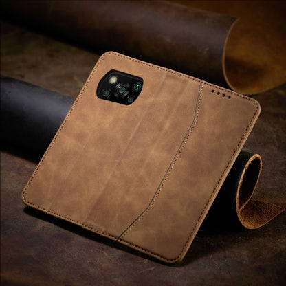 For Xiaomi Poco X3 NFC Skin-feel Calfskin Texture Magnetic Dual-Fold Horizontal Flip Leather Case with Holder & Card Slots & Wallet(Brown) - Xiaomi Cases by buy2fix | Online Shopping UK | buy2fix