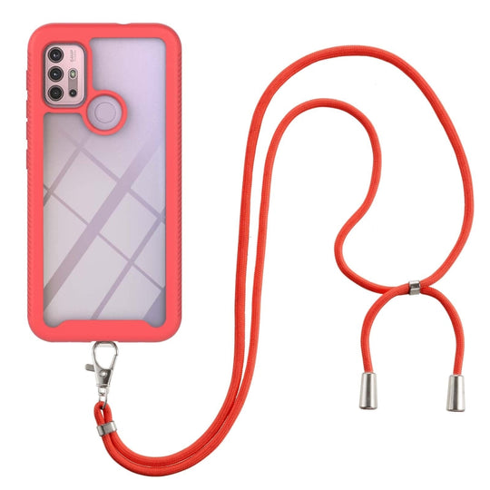 For Motorola Moto E7 Power Starry Sky Solid Color Series Shockproof PC + TPU Protective Case with Neck Strap(Red)
