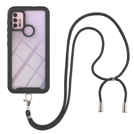 For Motorola Moto E7 Power Starry Sky Solid Color Series Shockproof PC + TPU Protective Case with Neck Strap(Black)