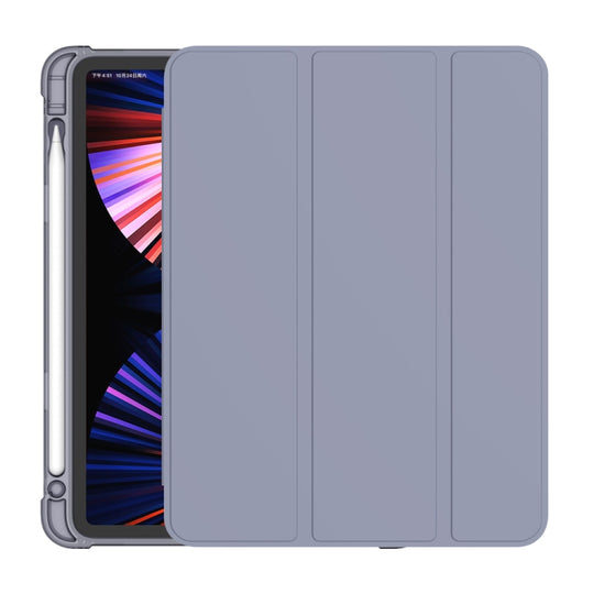 For iPad Pro 11 2022 / 2021 / 2020 3-folding Horizontal Flip PU Leather + TPU Aitbag Shockproof Half Paste Tablet Case with Holder & Pen Slot & Sleep / Wake-up Function(Lavender Grey)