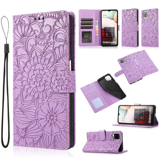 For Samsung Galaxy A12 Skin Feel Embossed Sunflower Horizontal Flip Leather Case with Holder & Card Slots & Wallet & Lanyard(Purple) by buy2fix