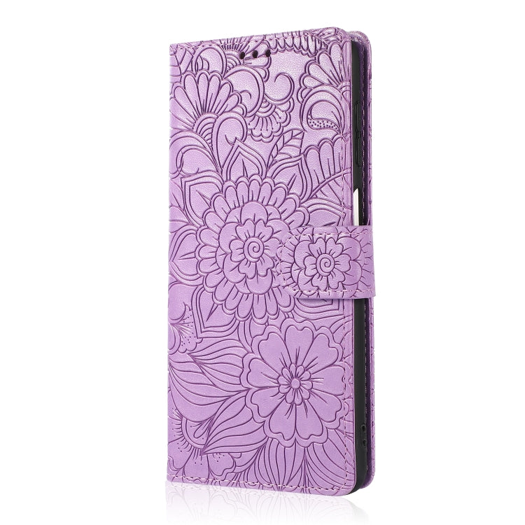 For Samsung Galaxy A12 Skin Feel Embossed Sunflower Horizontal Flip Leather Case with Holder & Card Slots & Wallet & Lanyard(Purple) by buy2fix