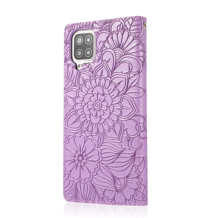 For Samsung Galaxy A12 Skin Feel Embossed Sunflower Horizontal Flip Leather Case with Holder & Card Slots & Wallet & Lanyard(Purple) by buy2fix