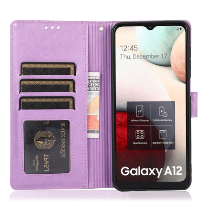 For Samsung Galaxy A12 Skin Feel Embossed Sunflower Horizontal Flip Leather Case with Holder & Card Slots & Wallet & Lanyard(Purple) by buy2fix