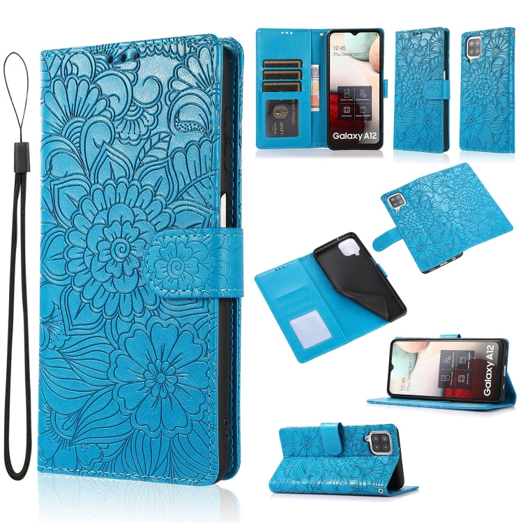 For Samsung Galaxy A12 Skin Feel Embossed Sunflower Horizontal Flip Leather Case with Holder & Card Slots & Wallet & Lanyard(Blue) by buy2fix