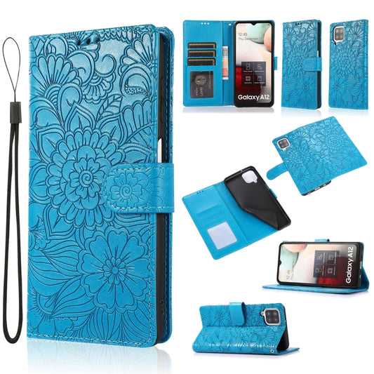For Samsung Galaxy A12 Skin Feel Embossed Sunflower Horizontal Flip Leather Case with Holder & Card Slots & Wallet & Lanyard(Blue) by buy2fix