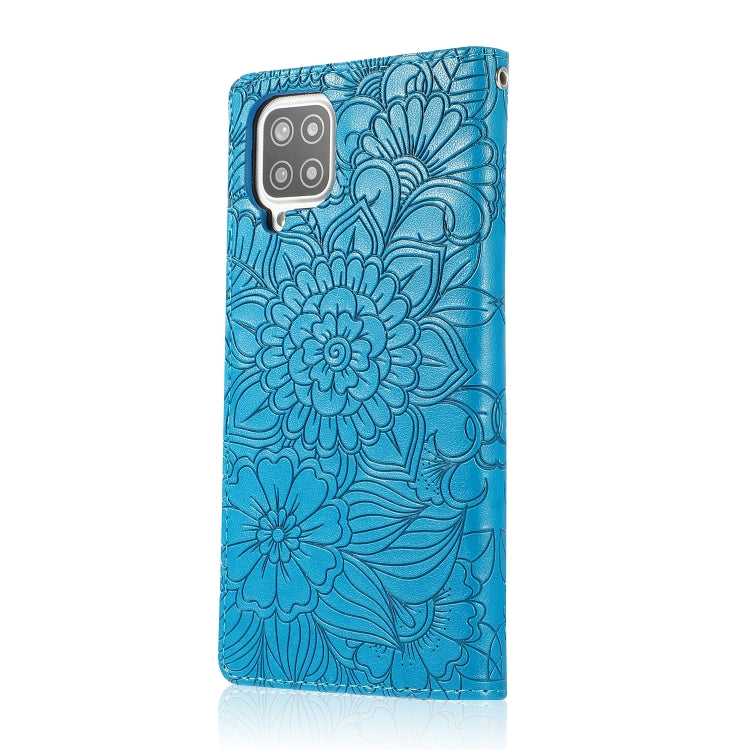 For Samsung Galaxy A12 Skin Feel Embossed Sunflower Horizontal Flip Leather Case with Holder & Card Slots & Wallet & Lanyard(Blue) by buy2fix