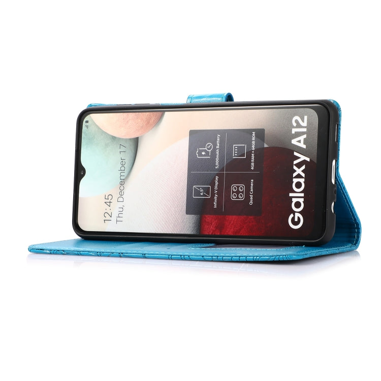 For Samsung Galaxy A12 Skin Feel Embossed Sunflower Horizontal Flip Leather Case with Holder & Card Slots & Wallet & Lanyard(Blue) by buy2fix