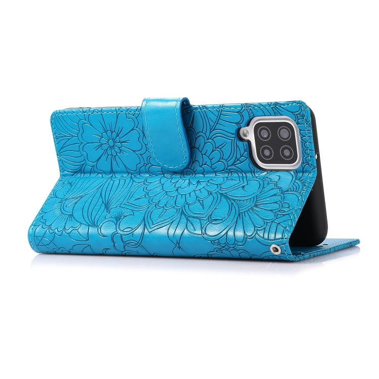For Samsung Galaxy A12 Skin Feel Embossed Sunflower Horizontal Flip Leather Case with Holder & Card Slots & Wallet & Lanyard(Blue) by buy2fix