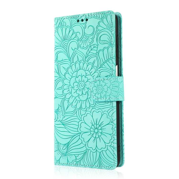 For Samsung Galaxy A12 Skin Feel Embossed Sunflower Horizontal Flip Leather Case with Holder & Card Slots & Wallet & Lanyard(Green) by buy2fix