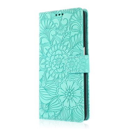 For Samsung Galaxy A12 Skin Feel Embossed Sunflower Horizontal Flip Leather Case with Holder & Card Slots & Wallet & Lanyard(Green) by buy2fix