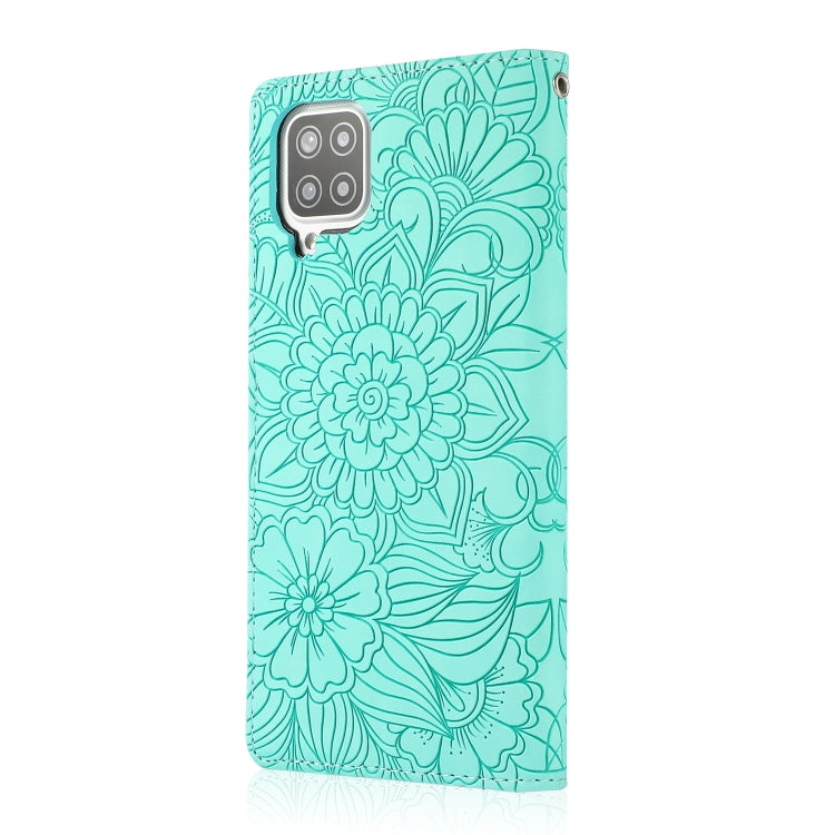 For Samsung Galaxy A12 Skin Feel Embossed Sunflower Horizontal Flip Leather Case with Holder & Card Slots & Wallet & Lanyard(Green) by buy2fix