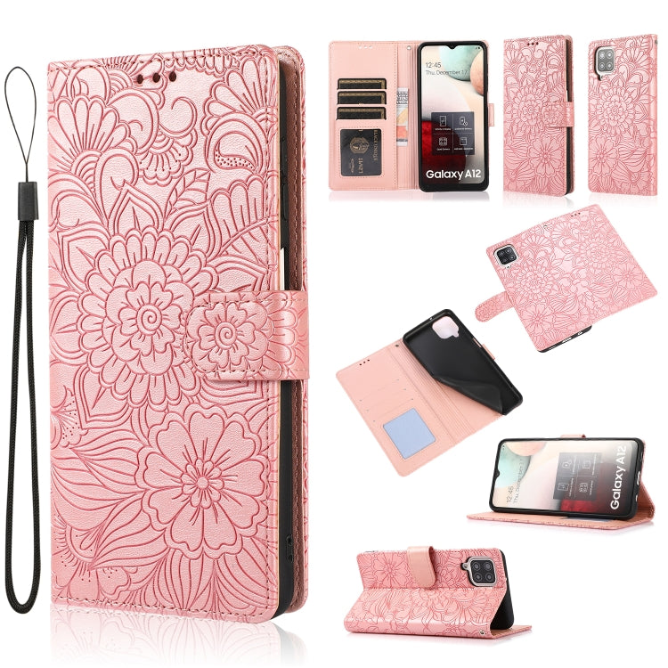 For Samsung Galaxy A12 Skin Feel Embossed Sunflower Horizontal Flip Leather Case with Holder & Card Slots & Wallet & Lanyard(Rose Gold) by buy2fix