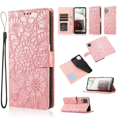 For Samsung Galaxy A12 Skin Feel Embossed Sunflower Horizontal Flip Leather Case with Holder & Card Slots & Wallet & Lanyard(Rose Gold) by buy2fix