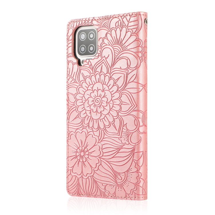 For Samsung Galaxy A12 Skin Feel Embossed Sunflower Horizontal Flip Leather Case with Holder & Card Slots & Wallet & Lanyard(Rose Gold) by buy2fix