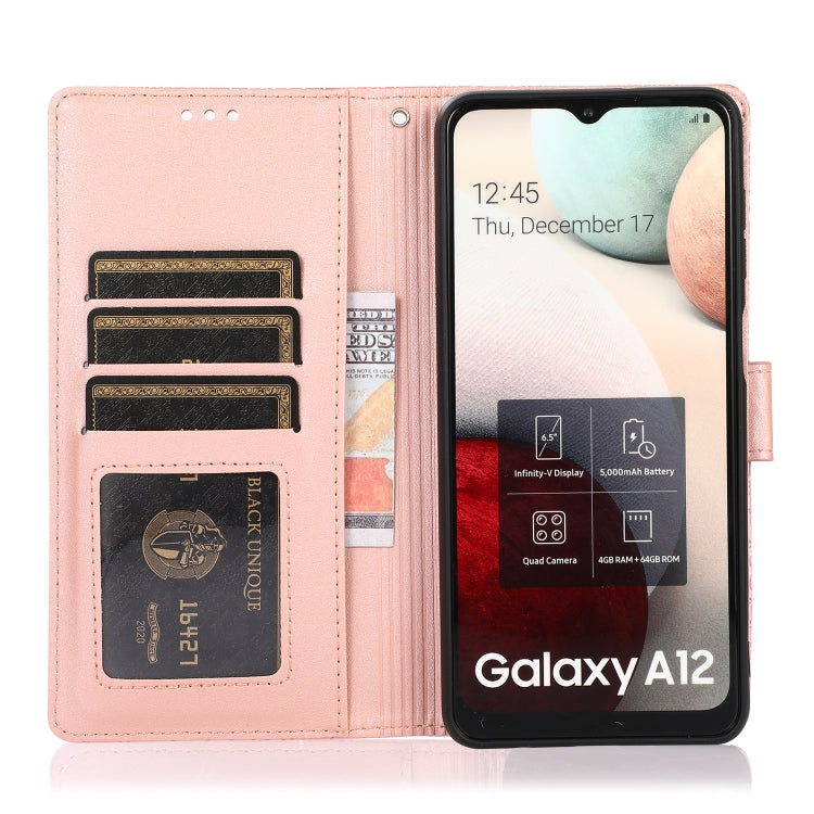 For Samsung Galaxy A12 Skin Feel Embossed Sunflower Horizontal Flip Leather Case with Holder & Card Slots & Wallet & Lanyard(Rose Gold) by buy2fix