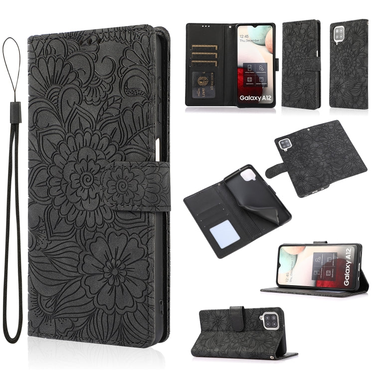 For Samsung Galaxy A12 Skin Feel Embossed Sunflower Horizontal Flip Leather Case with Holder & Card Slots & Wallet & Lanyard(Black) by buy2fix
