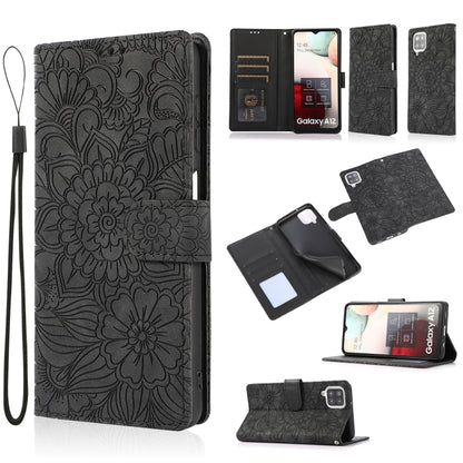 For Samsung Galaxy A12 Skin Feel Embossed Sunflower Horizontal Flip Leather Case with Holder & Card Slots & Wallet & Lanyard(Black) by buy2fix