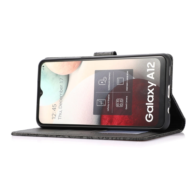 For Samsung Galaxy A12 Skin Feel Embossed Sunflower Horizontal Flip Leather Case with Holder & Card Slots & Wallet & Lanyard(Black) by buy2fix