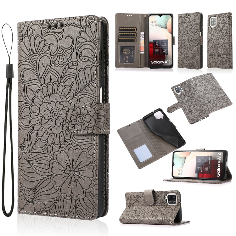 For Samsung Galaxy A12 Skin Feel Embossed Sunflower Horizontal Flip Leather Case with Holder & Card Slots & Wallet & Lanyard(Gray) by buy2fix