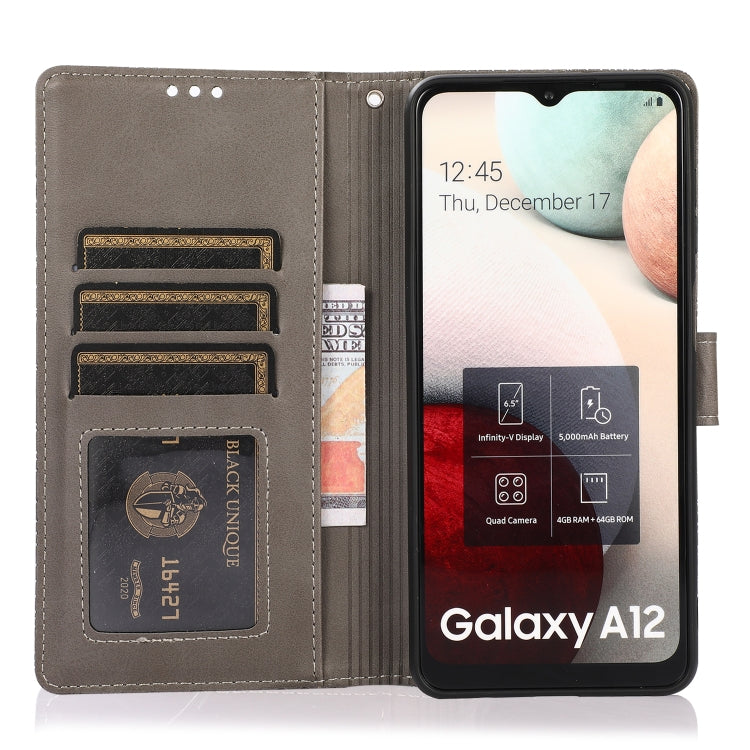 For Samsung Galaxy A12 Skin Feel Embossed Sunflower Horizontal Flip Leather Case with Holder & Card Slots & Wallet & Lanyard(Gray) by buy2fix