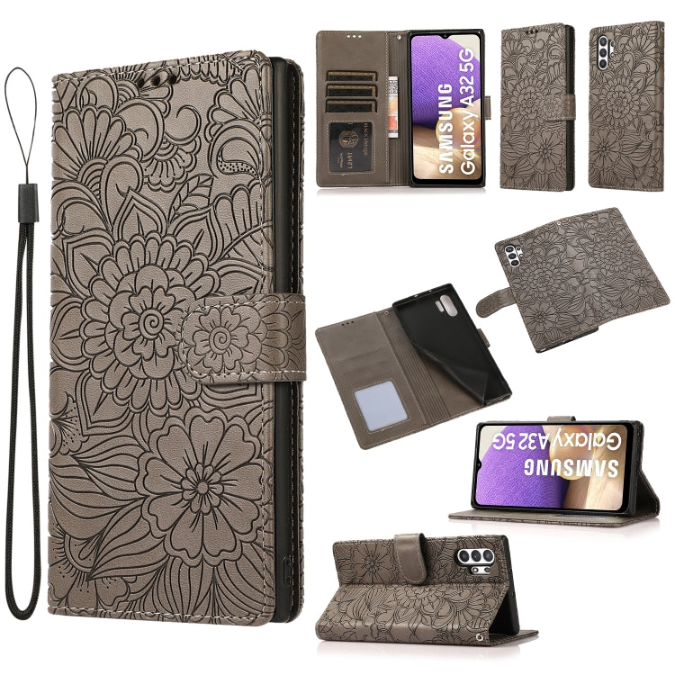 For Samsung Galaxy A32 5G Skin Feel Embossed Sunflower Horizontal Flip Leather Case with Holder & Card Slots & Wallet & Lanyard(Gray) by buy2fix