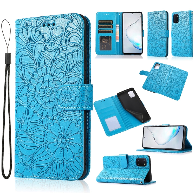 For Samsung Galaxy Note10 Lite / A81 Skin Feel Embossed Sunflower Horizontal Flip Leather Case with Holder & Card Slots & Wallet & Lanyard(Blue) by buy2fix