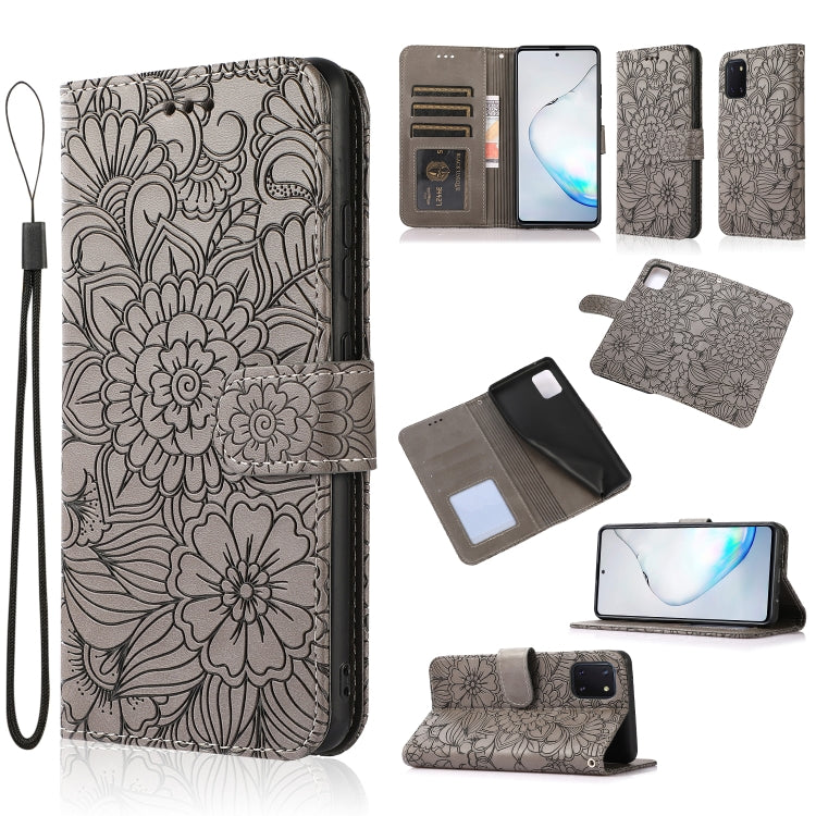 For Samsung Galaxy Note10 Lite / A81 Skin Feel Embossed Sunflower Horizontal Flip Leather Case with Holder & Card Slots & Wallet & Lanyard(Gray) by buy2fix