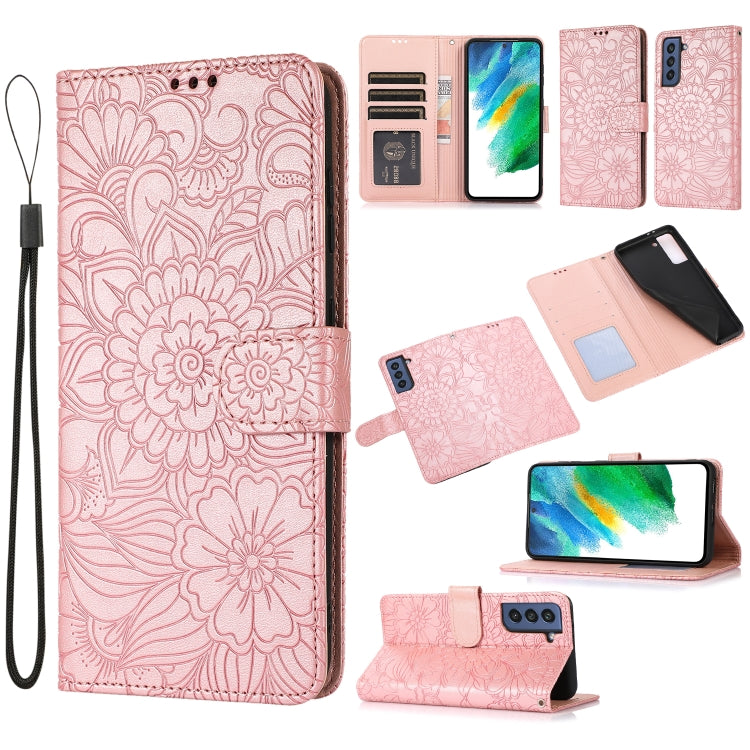 For Samsung Galaxy S21 FE Skin Feel Embossed Sunflower Horizontal Flip Leather Case with Holder & Card Slots & Wallet & Lanyard(Rose Gold) by buy2fix