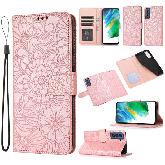 For Samsung Galaxy S21 FE Skin Feel Embossed Sunflower Horizontal Flip Leather Case with Holder & Card Slots & Wallet & Lanyard(Rose Gold) by buy2fix