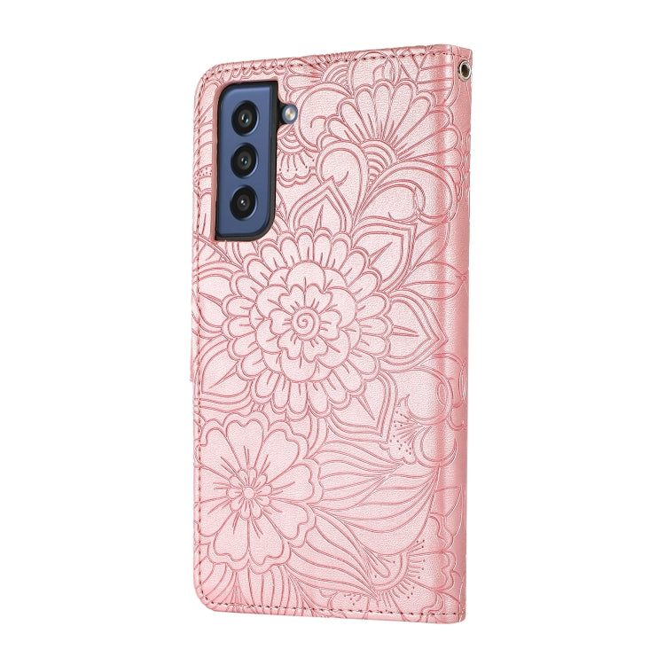 For Samsung Galaxy S21 FE Skin Feel Embossed Sunflower Horizontal Flip Leather Case with Holder & Card Slots & Wallet & Lanyard(Rose Gold) by buy2fix