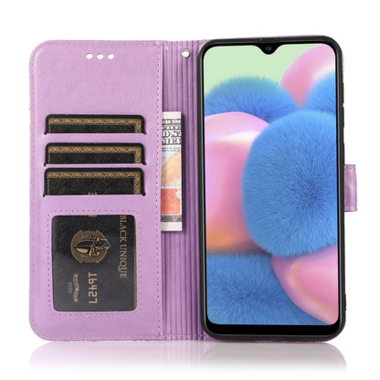 For Samsung Galaxy A30s Skin Feel Embossed Sunflower Horizontal Flip Leather Case with Holder & Card Slots & Wallet & Lanyard(Purple) by buy2fix