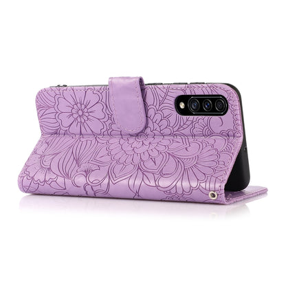 For Samsung Galaxy A30s Skin Feel Embossed Sunflower Horizontal Flip Leather Case with Holder & Card Slots & Wallet & Lanyard(Purple) by buy2fix